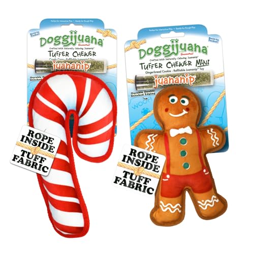 Doggijuana Cozy Cafe Combo Refillable Juananip Toy Bundle | Candy Cane & Gingerbread | Funny Dog Toy Plush with Catnip and Refill | Interactive Chew for Play