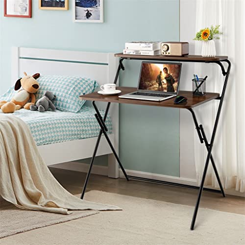 2 Tier Folding Computer Desk Laptop Desk Home Office No Assemble Brown Desk (D (33.5x24x38)) (D (33.5x24x38))