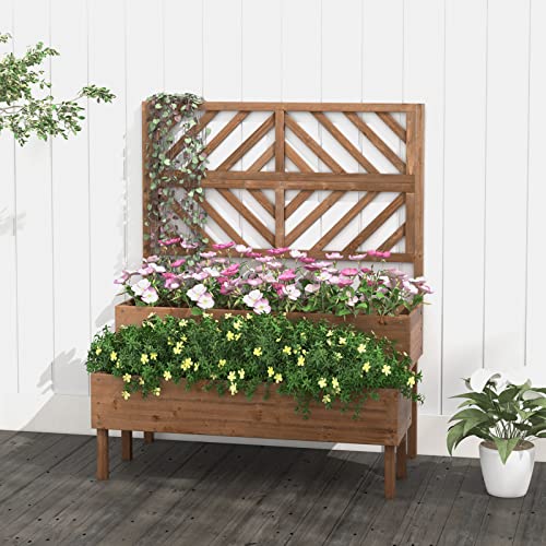 Giantex Raised Garden Bed with Trellis, 2-Tier Wooden Planter Box with Legs and Drain Holes, Garden Trellis for Vine Fruit Vegetable Flower Herb, Outdoor Elevated Garden Bed (Brown)