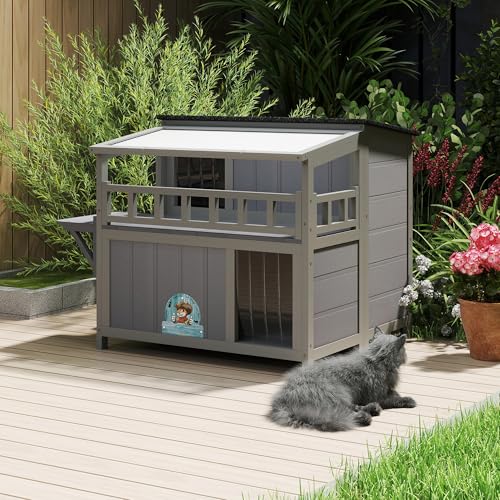 2-Tier Warm Wood Cat Shelter with Sunlight Roof, Outdoor Kitty Cat House, Balcony, Jumping Platforms, Kitty Pet Porch Enclosure, Weatherproof Outside