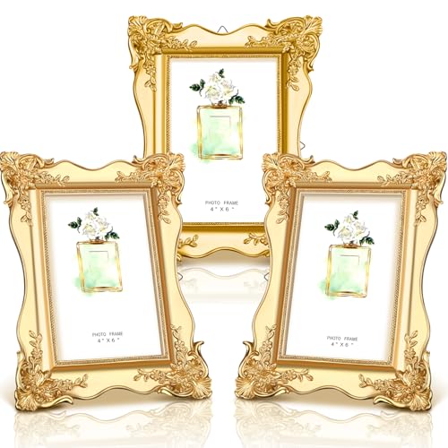 3 Pcs 4 x 6 Vintage Picture Frame Trim Antique Ornate Resin Photo Frame with Easel and Hook for Tabletop Wall Art Decor Display Home Office(Black)