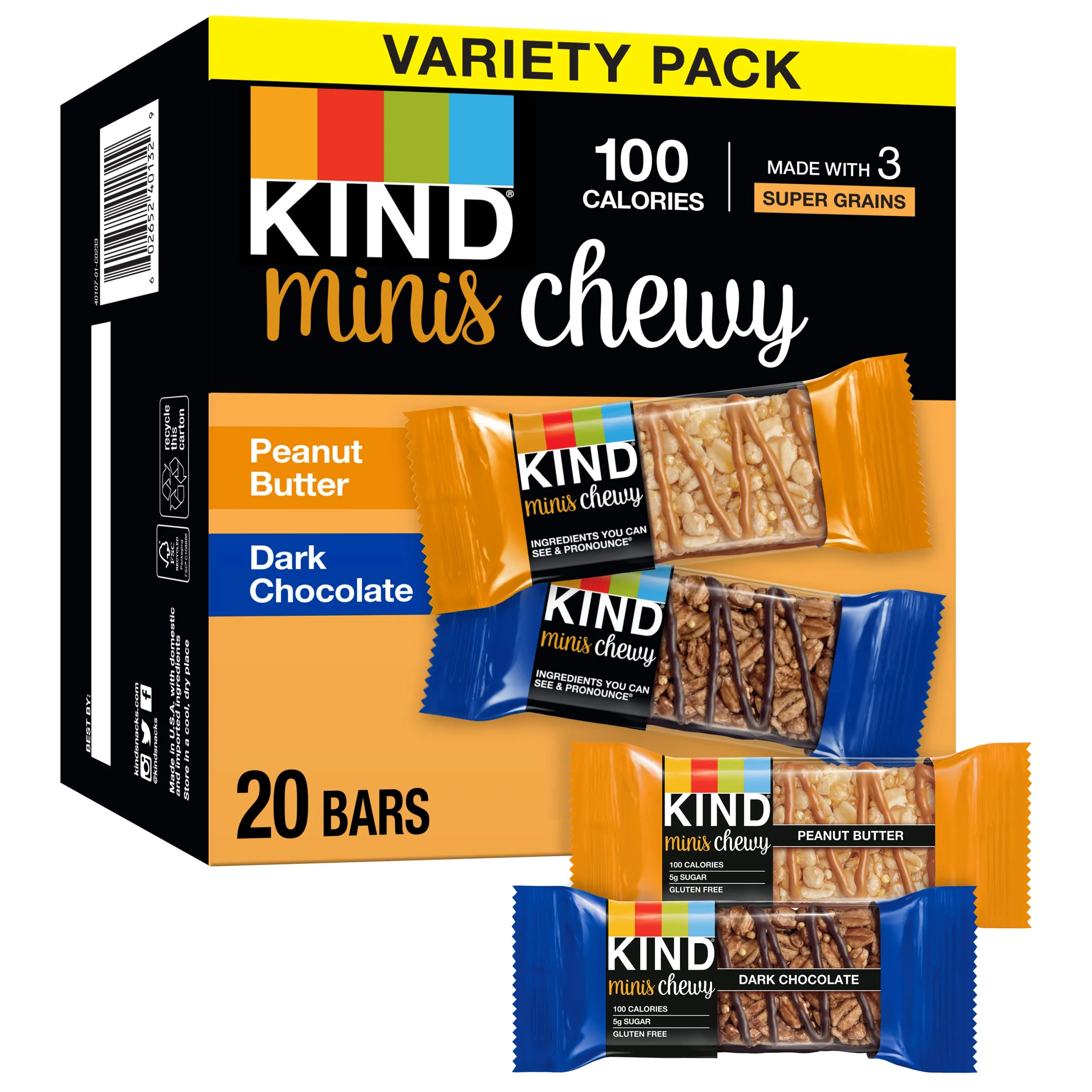 Kind Bar Minis Chewy, Peanut Butter & Dark Chocolate Variety Pack, Gluten Free, 100 Calories, Low Sugar, 80 Count