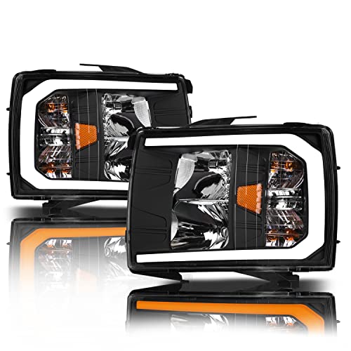 Alpha Owls 8712252 Crystal Headlights With Switchback Sequential LED Light Bar & Startup Light - Black Amber Fits 2007-2013 Chevy Silverado 1500/2007-2014 2500 3500 HD Halogen Models