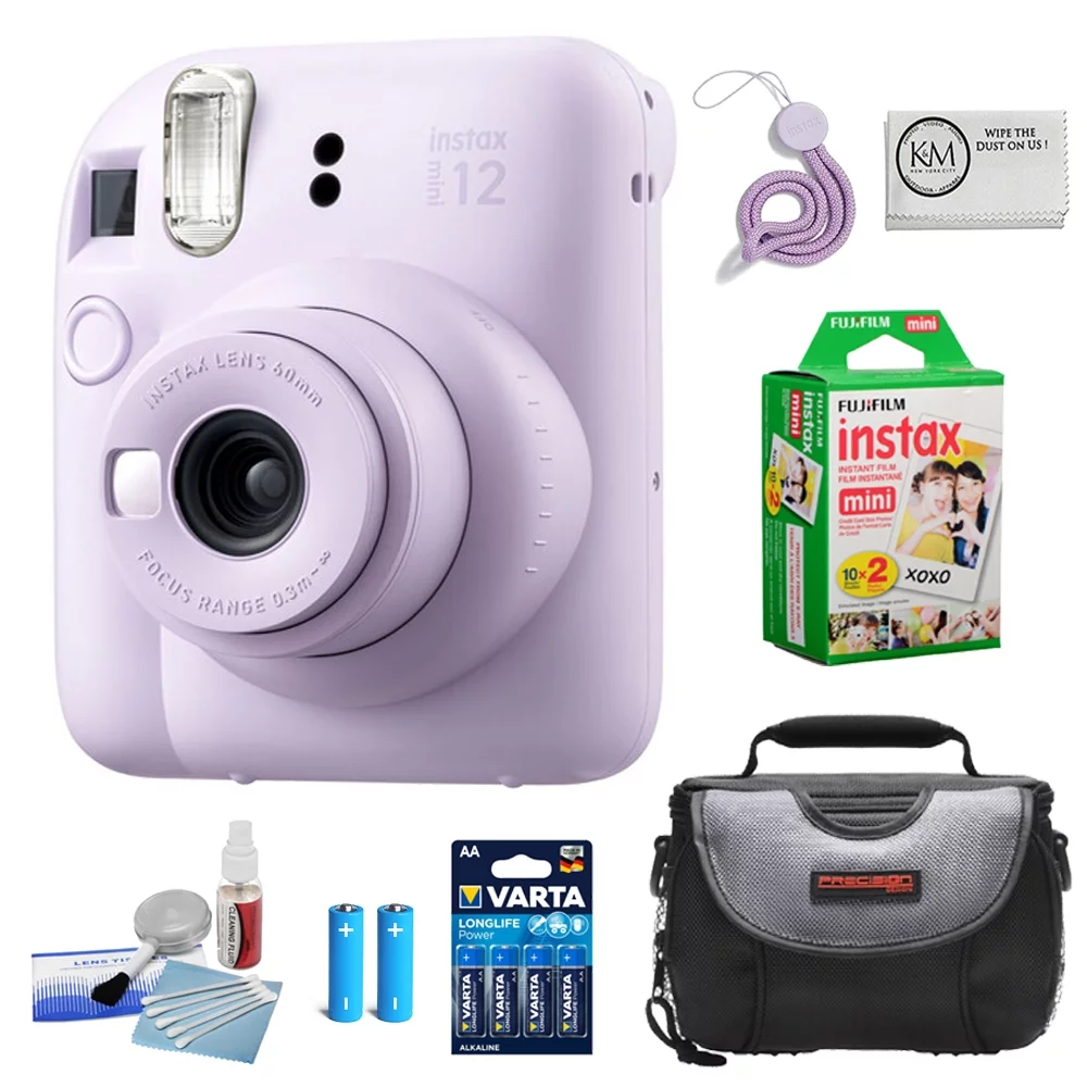 FUJIFILM INSTAX MINI 12 Instant Film Camera | Lilac Purple Bundled with INSTAX Mini Instant Film | 20 Exposures +Camera Case + Batteries |4 Pack + Lens Cleaning Kit + Microfiber Cleaning Cloth (6 Item