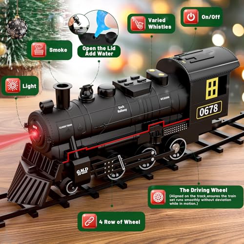Train Set, Electric Train Toys with Smoke, Lights & Sound, Train Set for Under Christmas Tree with Steam Locomotives, Cars and Tracks, Christmas Train Toys for 3 4 5 6 7+ Years Old Kids