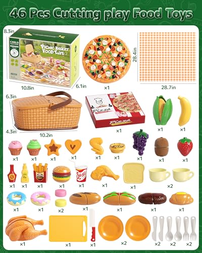 80pcs Pretend Play Food for Kids, Cutting Toy Food Set with Picnic Basket, Play Kitchen Accessories, Food Toys with Veggies, Fruits, Pizza Toy for Boys Girls Gift