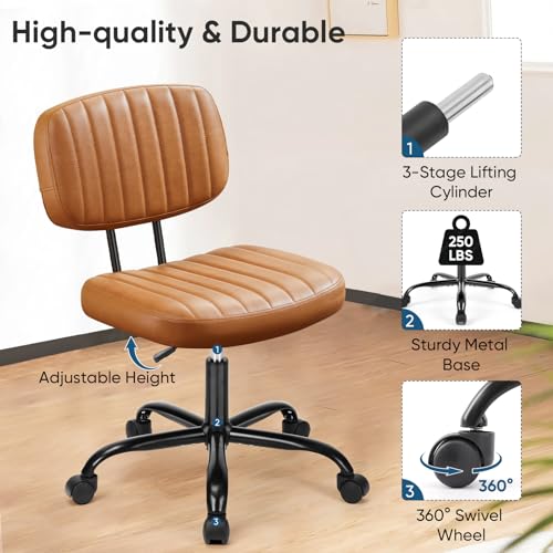 DUMOS Armless Small Home Office Desk Chair - Vanity Task Chair with Low Back, Height Adjustable PU Leather Swivel Computer Chair with 360° Rolling Wheels, Deep Brown