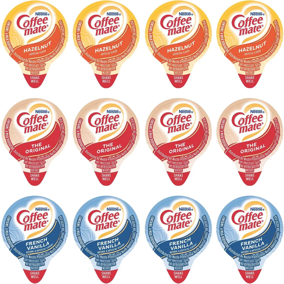 Coffee mate Liquid Non-Dairy Creamer Singles Variety Pack, Original, French Vanilla, & Hazelnut - Non Dairy, No Refrigeration - Box Of 100