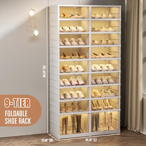 Foldable Shoes Rack Organizer Clear Plastic Shoes Rack for Closet Shelf Collapsible Large Shoes Storage Box Stackable Easy Assembly Shoe Cabinet with Lids and Door(9-tier for 18-36 Pairs)