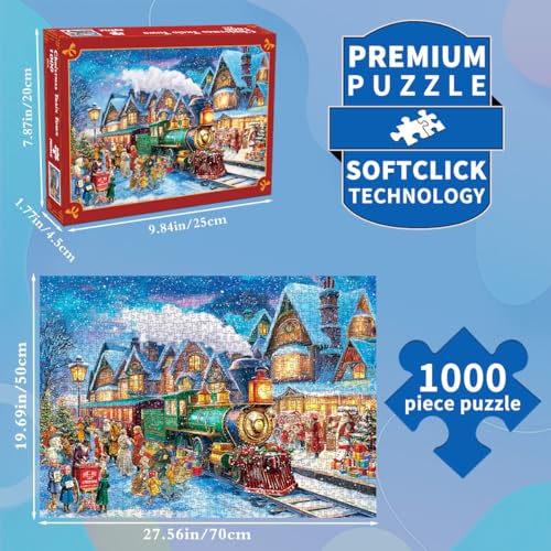 Christmas Puzzles 1000 Pieces for Adults - Christmas Train Town-Jigsaw Puzzles for Adults and Kids Winter Snow Scene Cheer Jigsaw Puzzle 1000 Piece
