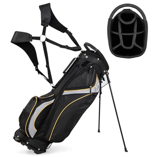 Tangkula Golf Stand Bag with 8 Way Top Dividers, Lightweight Golf Bag with Detachable Dual Strap & 7 Pockets, Rain Hood, Portable Golf Bag for Men & Women, Black