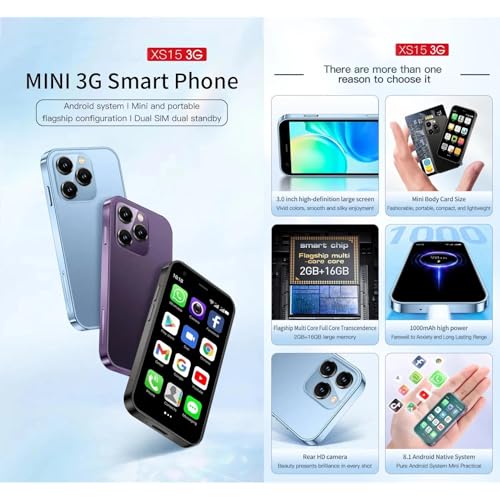 Mini Smartphone, XS15 3.0 Inch Small Phone Quad Core 2GB+16GB 5.0MP Dual SIM 1000mAh Android Mini Phones Unlocked 3G Mobile Phone (Purple)