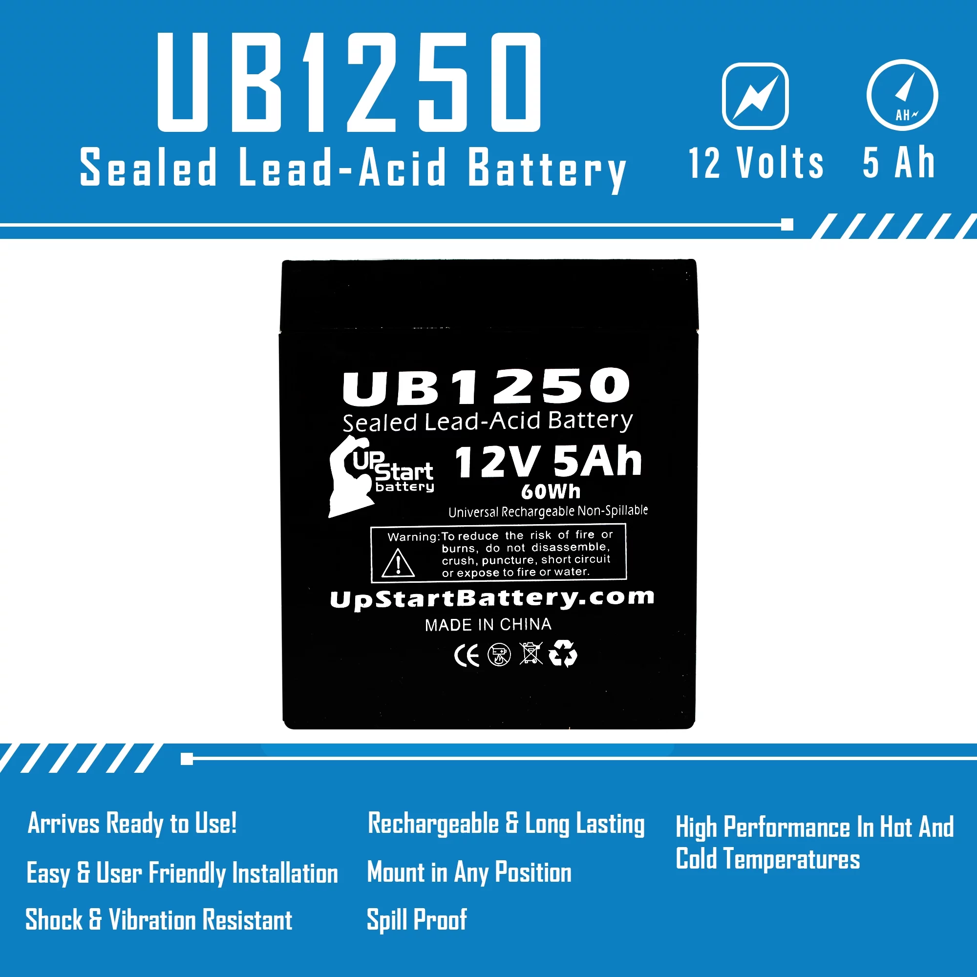 4x Pack - APC BACK-UPS ES 500VA BE500 Battery Replacement - UB1250 Universal Sealed Lead Acid Battery (12V, 5Ah, 5000mAh, F1 Terminal, AGM, SLA) - Includes 8 F1 to F2 Terminal Adapters