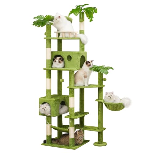 77in Cat Tree with Leaves for Indoor Cats Large Adult,Tall Cat Tower with Scratching Post, Large Cat Tree with Two Cat Condos, Soft Hammocks, Padded Perches for Heavy Duty Big Cats, Green
