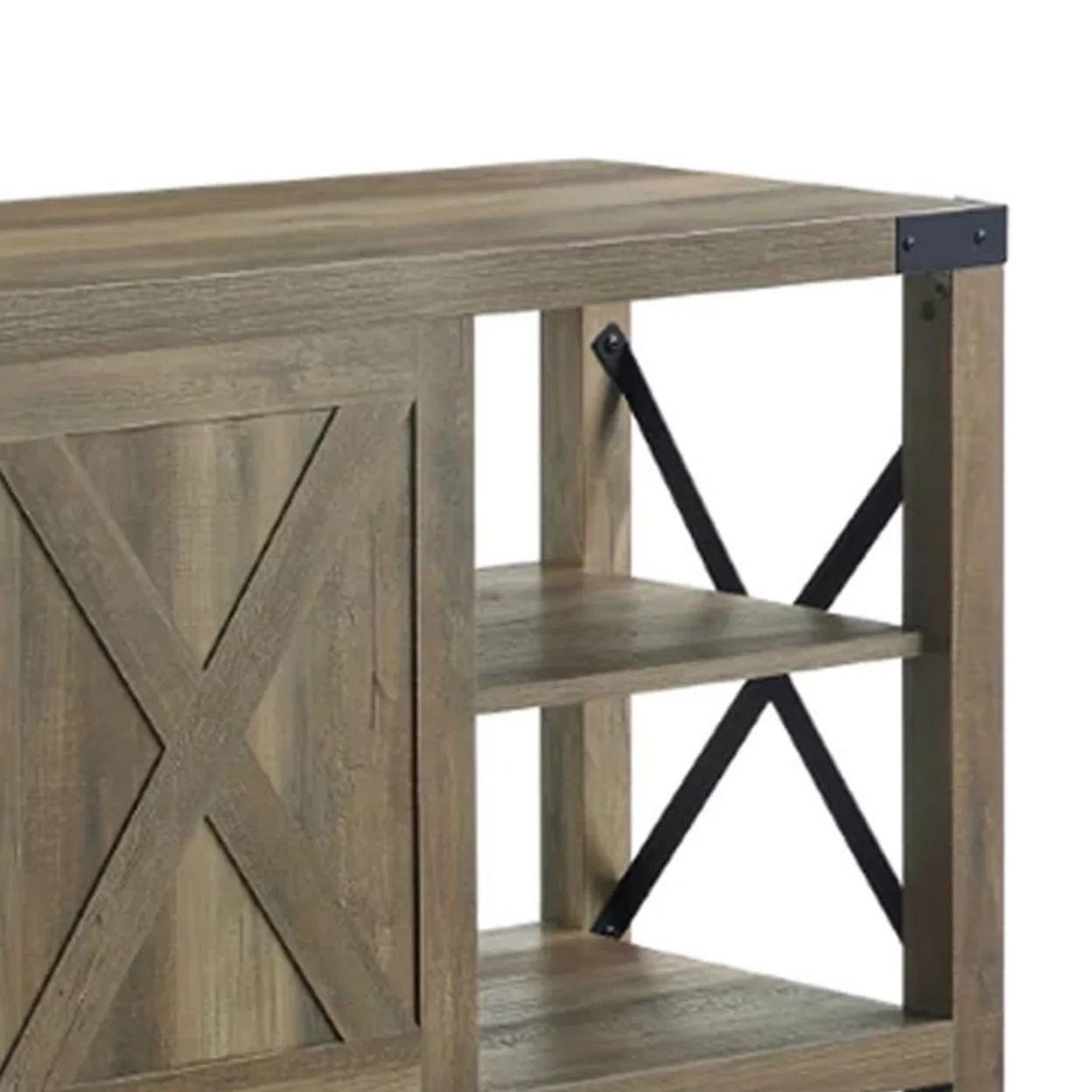 Eli 71 Inch TV Entertainment Center Cabinet Metal Brackets Oak Brown- Saltoro Sherpi