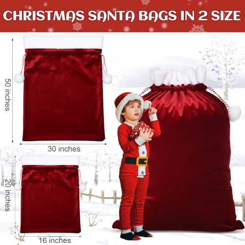 SilTriangle 2 Pcs 50 x 30 Inch Jumbo Christmas Velvet Santa Bags with Drawstring 20 x 16 Inch Santa Sacks Christmas Gift Presents Bag in 2 Size for Xmas Holiday Costume Party Favor Supplies(Red)