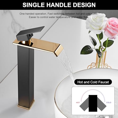 White Gold Faucet Bathroom Vessel Sink Golden Waterfall Spout Faucet Single Handle Bowl Sink Faucet Modern Single Hole Basin Vanity Tall Bathroom Sink Faucet with Pop Up Drain Stopper Supply Hose