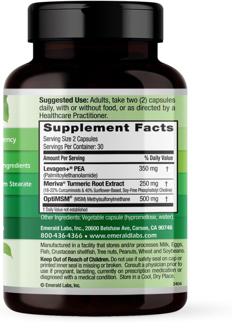 Emerald Laboratories Pea+ with Levagen+ - Support Joint & Muscle Health with Meriva Curcumin, OptiMSM & Levagen+ Pea* - Non-GMO, Vegan, Gluten-Free - 60 Vegetable Capsules