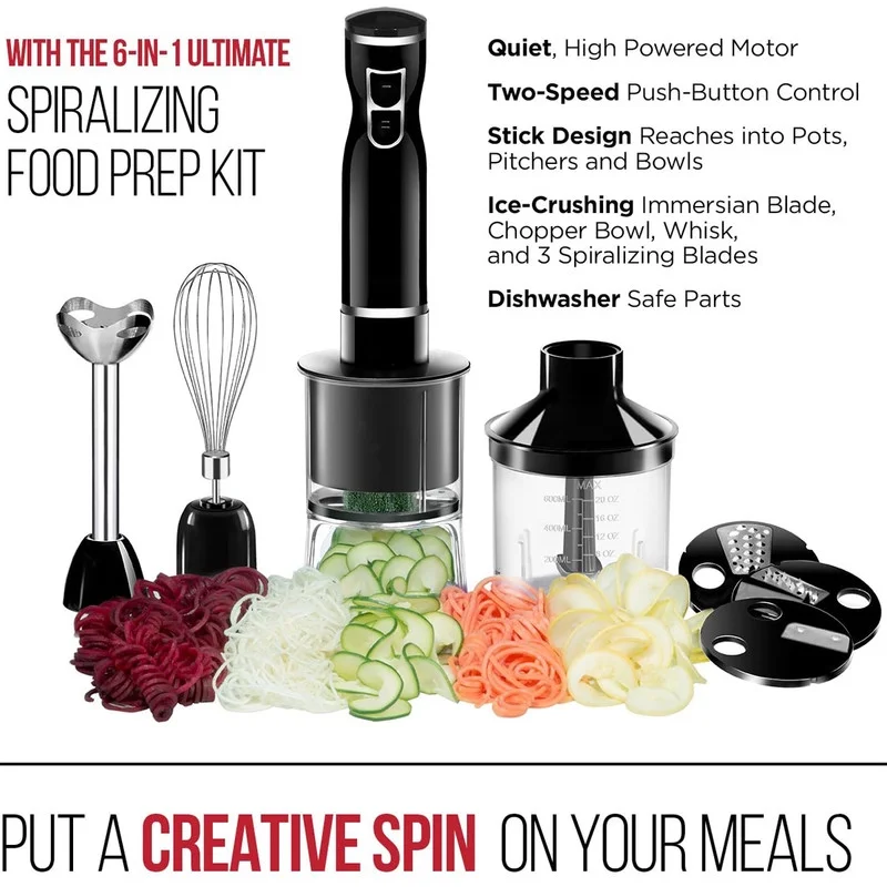 Countertop Blender for Kitchen - Electric Spiralizer & Immersion Blender/Vegetable Slicer - 6-in-1 Food Prep Combo Kit
