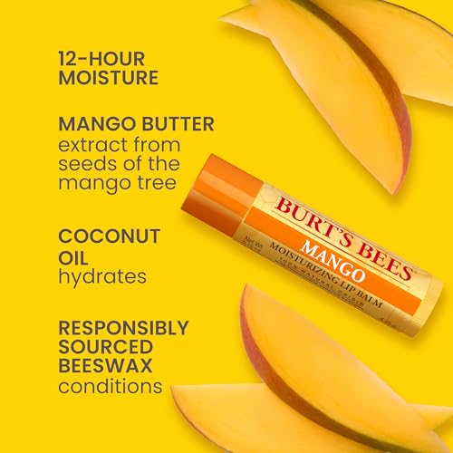 Burt's Bees Lip Balm - Pink Grapefruit, Mango, Coconut & Pear, and Pomegranate Pack, Lip Moisturizer With Beeswax, Tint-Free, Natural Origin Conditioning Treatment, 4 Tubes, 0.15 oz.