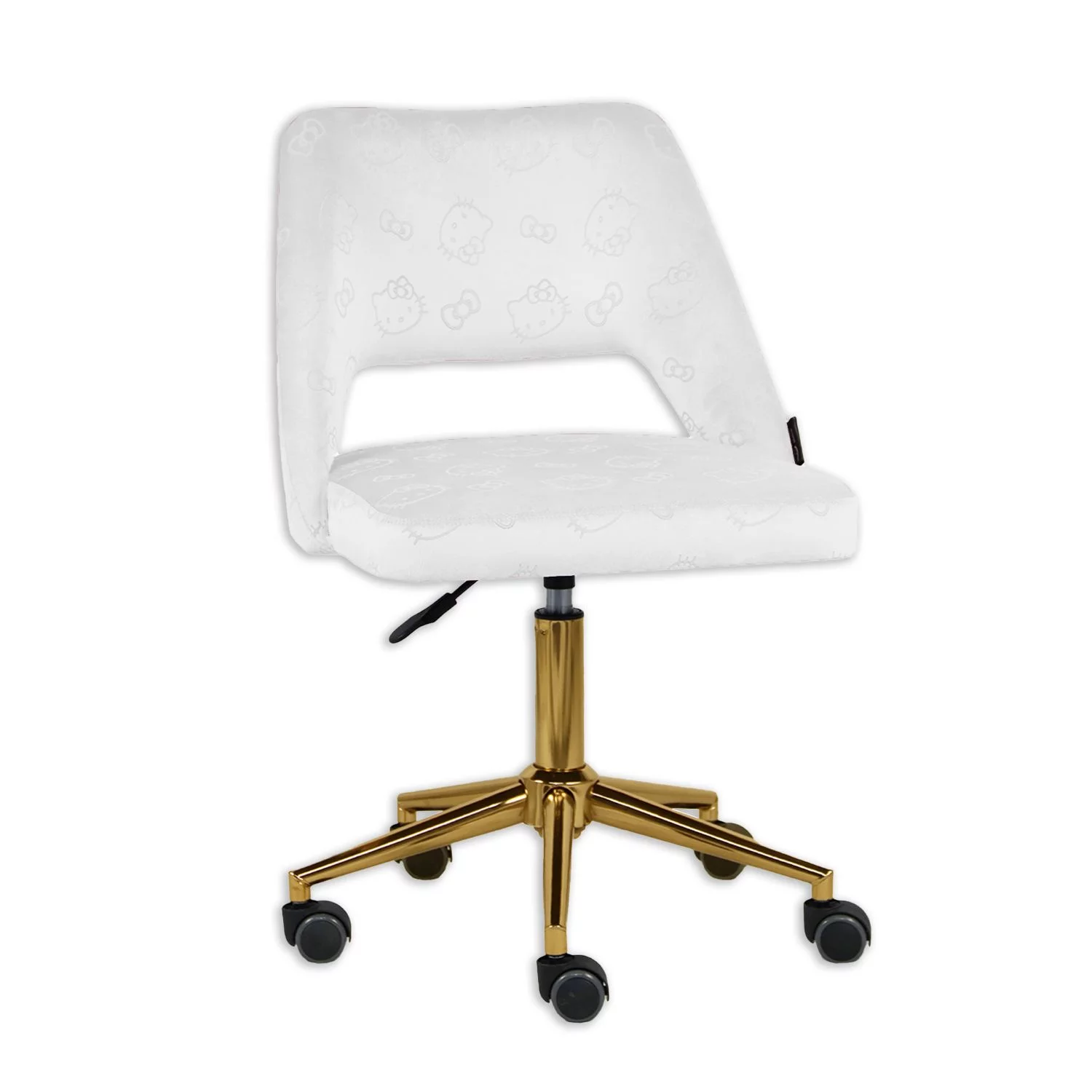 Impressions Vanity Hello Kitty Velvet Swivel Vanity Chair with Back, Ergonomic Backrest Cute Desk Chair with Wheels, Golden Rolling Base Adjustable Height Makeup Chair for Bedroom (White)