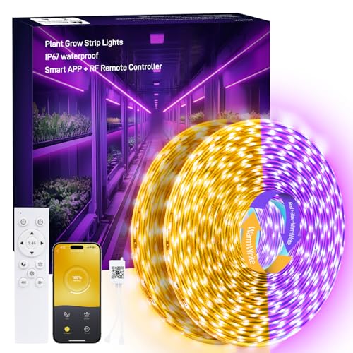 LED Grow Light Strips, 100FT APP Control IP67 Waterproof, 24W Full Spectrum, Auto ON&Off 4/8H Timer, 2.4G Remotely,10 Dimmable Levels for Indoor Plant Growing (Red Bulb WW)
