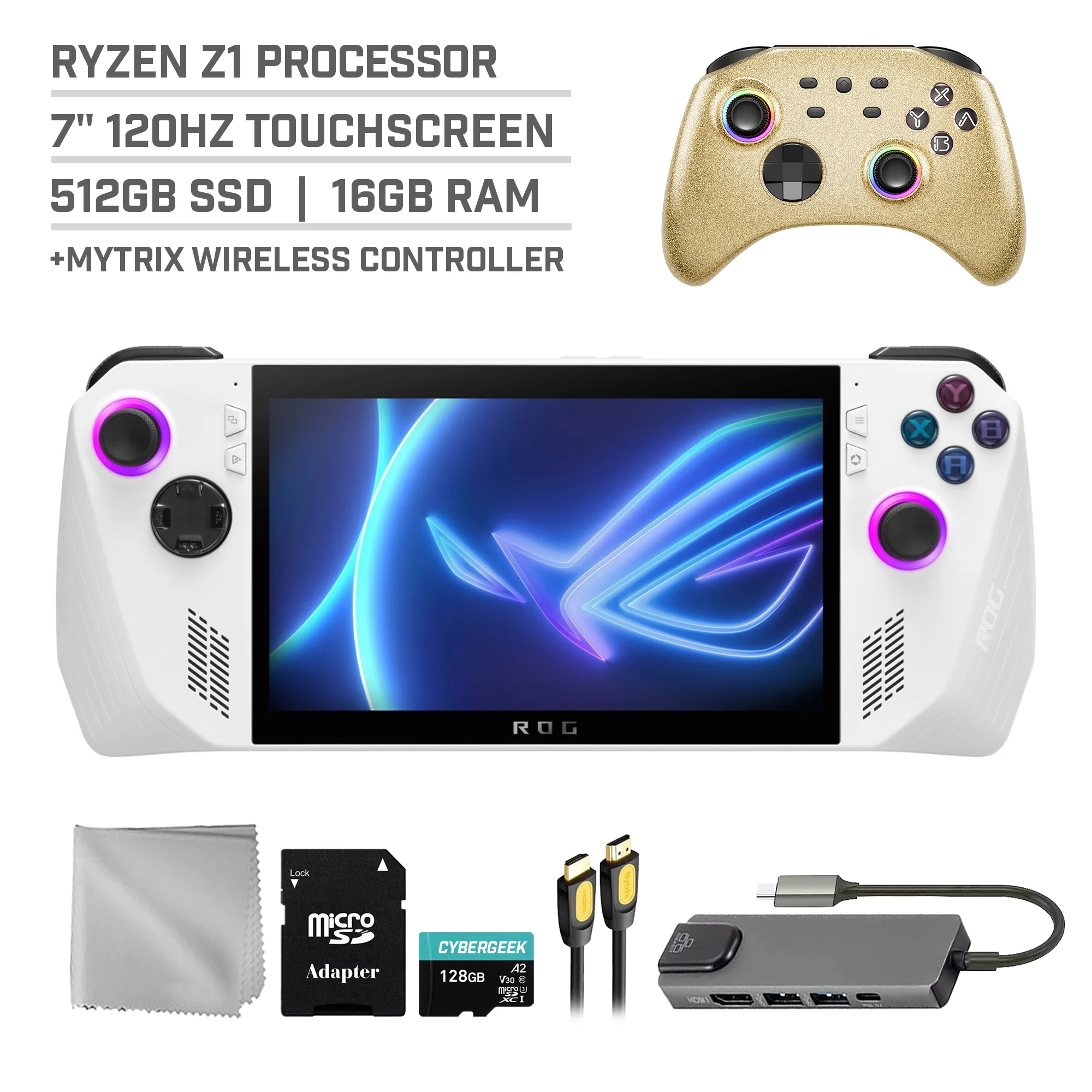 ASUS ROG Ally 512GB Gaming Handheld 7-inch Touchscreen 120Hz FHD 1080p AMD Ryzen Z1 Processor, Mytrix Gold Wireless Pro Controller, Hub, 128GB MicroSD Card, 5 Accessories: 6 in 1 Bundle