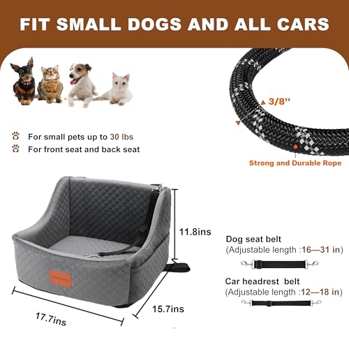 Dog Car Seat Small/Medium Sized Dog, Dog Booster Seat Front or Back Seat Detachable and Washable Pet Safety Seat, Suitable for Medium Dogs Under 30 Lbs, Storage Pockets and Dog Leash（Black）