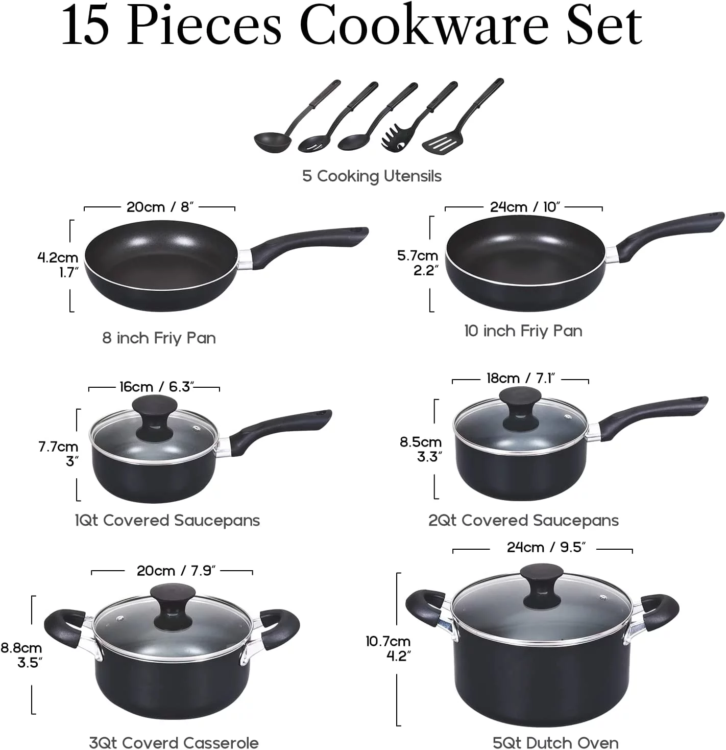 YHZCY 15-Piece Nonstick Stay Cool Handle Cookware Set, Black
