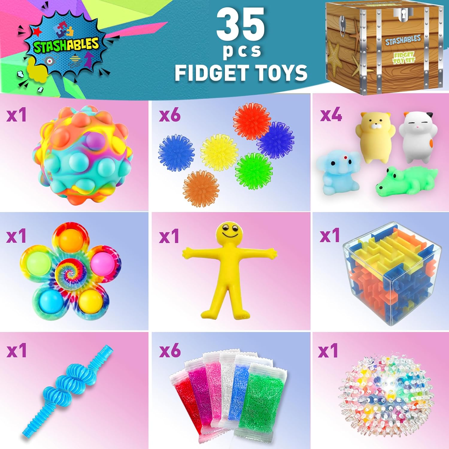 Sensory Fidget Toys Pack - 35pcs Stress Relief and Anti Anxiety Toys for Kids - Cool Fidget Packs with Stress balls, Fidget Cube, & More for Party Favors, Prizes, Travel, & Pinata Stuffers