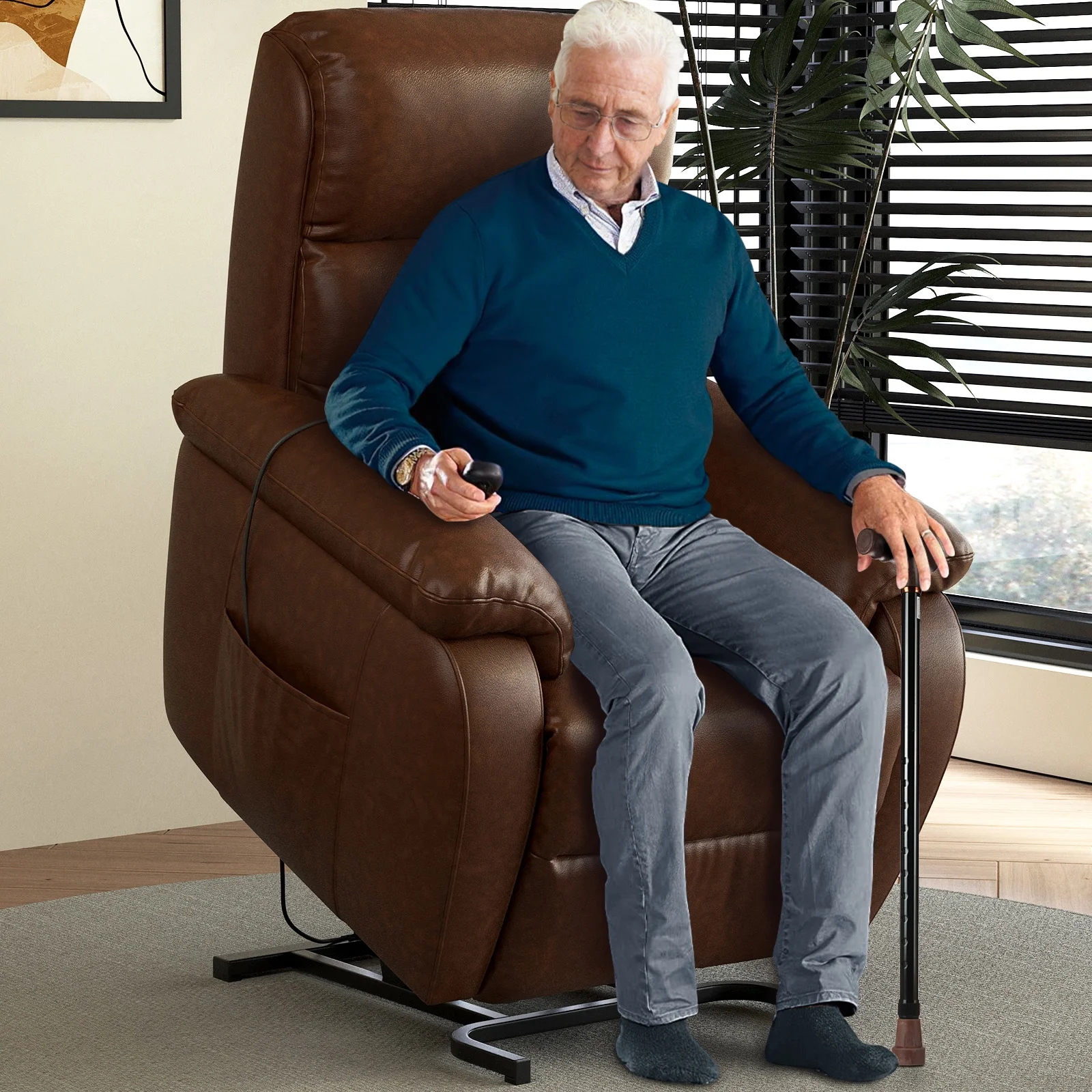 TOBILI Electric Large Power Lift Recliner with Massage and Heat PU Brown