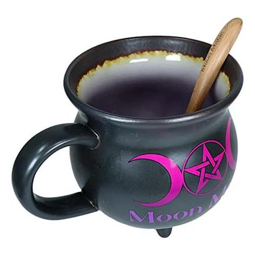 Wicca Sacred Witch Magick Triple Moon Magic Reduction Fired Porcelain Cauldron Shaped Bowl Or Large Mug 32Oz With Hle  Wooden Spoon With Moon Magic Carving Occult Witchcraft Pentagram
