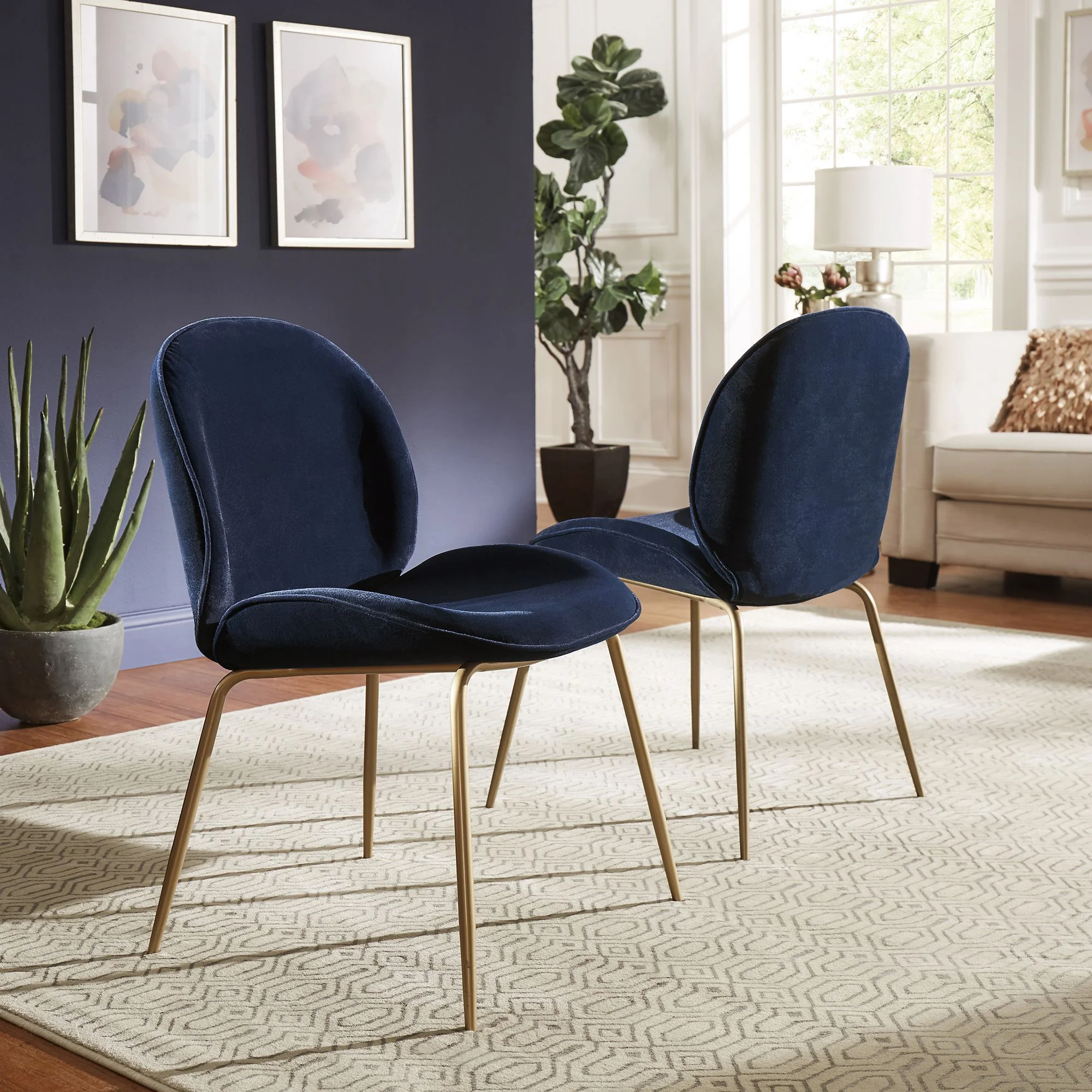 Ember Interiors Parisian Fully Upholstered Velvet Dining Chair with Brass Base, Set of 2, Blue