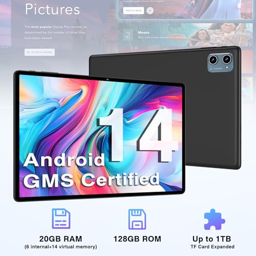 Android 14 Tablet 10.1 Inch Tablets, 20GB RAM 128GB ROM 1TB Expand Octa-Core 2 in 1 Tablet PC with Keyboard Mouse Case, 1280x800 IPS HD Touchscreen, Bluetooth WI-FI 6, Widevine L1 (Black)