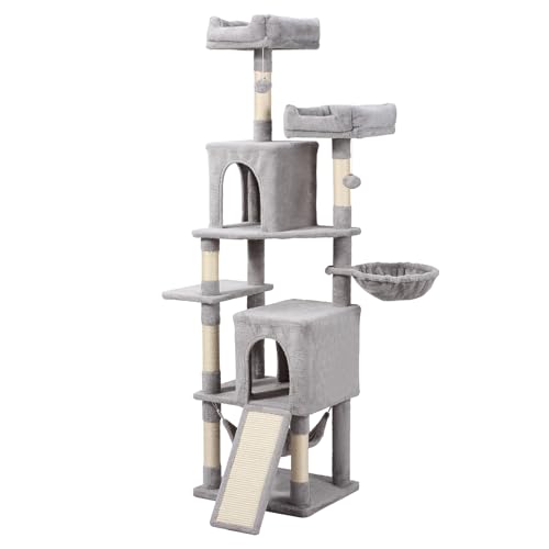 Cat Tree, 70-Inch Cat Tree Tower with Hammock, Scratching Post, Condo and Multi-Level Cat Tower, Large Cat Activity Center Playhouse, Light Gray LCT015