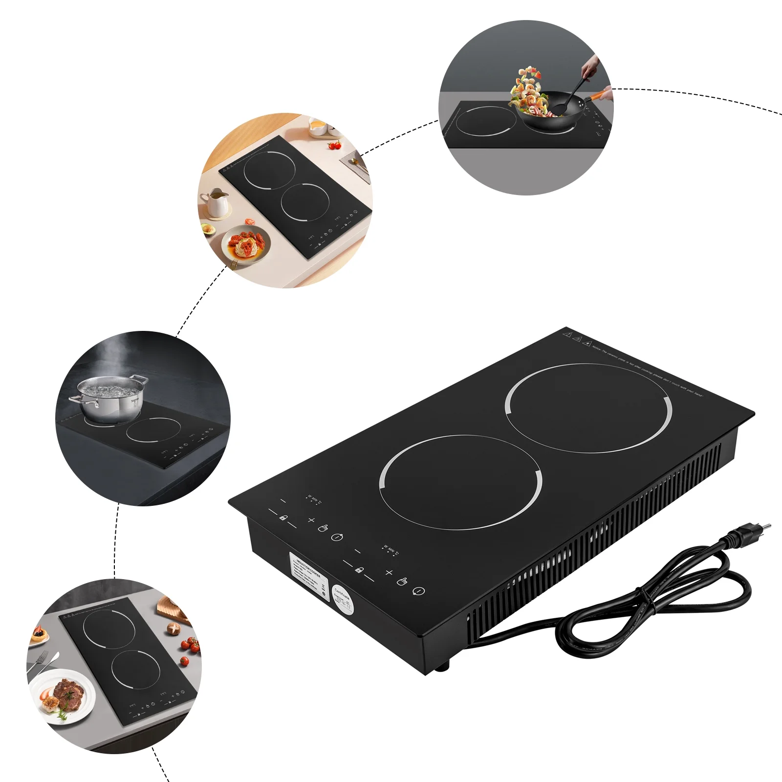 Miumaeov Double Induction Cooktop, Portable Induction Cooker with 2 Burner Independent Control, Ultrathin Body, 9 Temperature, 1200W+1100W-Multiple Power Levels, 2 Hour Timer, Safety Lock