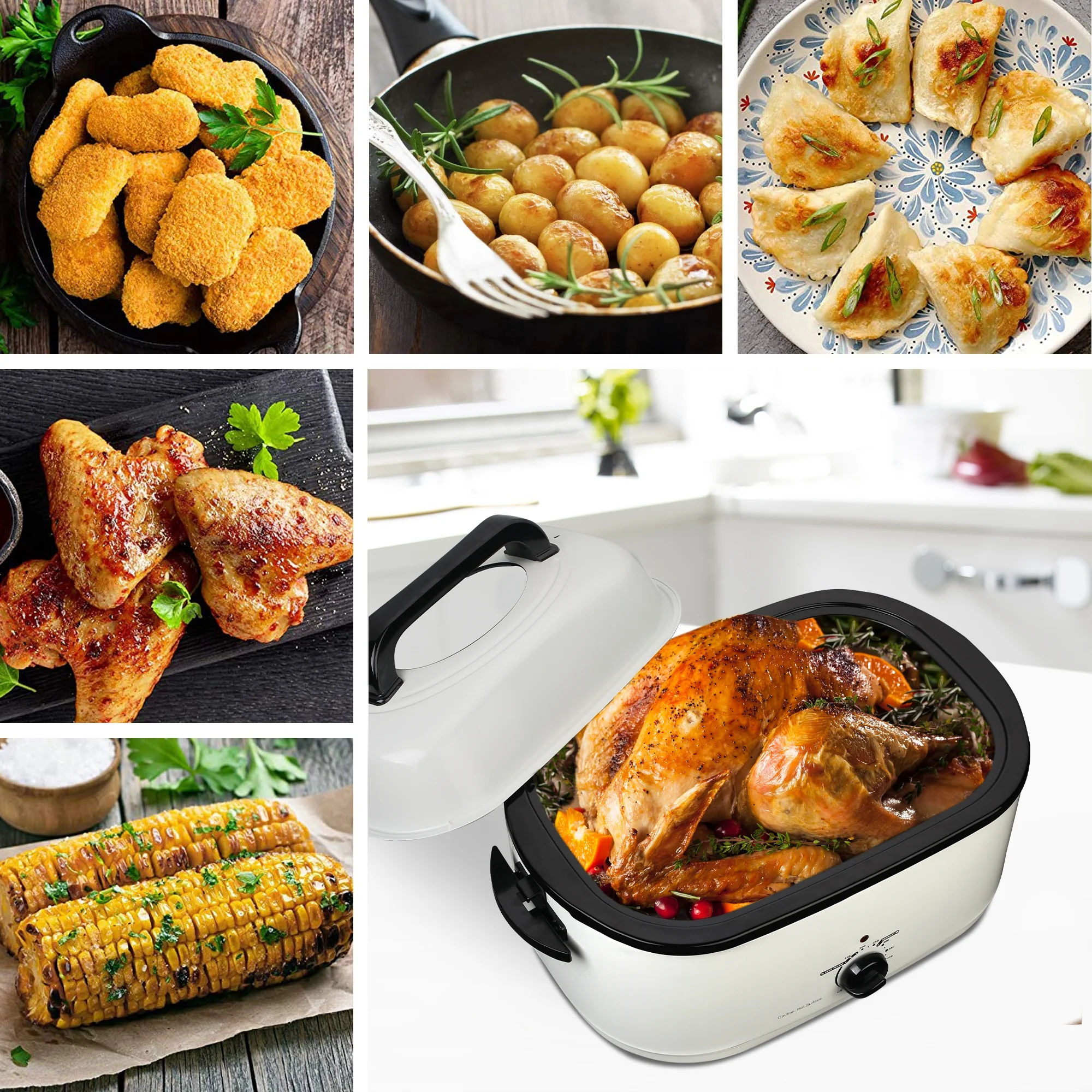 Superjoe 26 Quart Roaster Oven with Self-Basting Lid Removable Pan Electric Turkey Roaster Stainless Steel, White