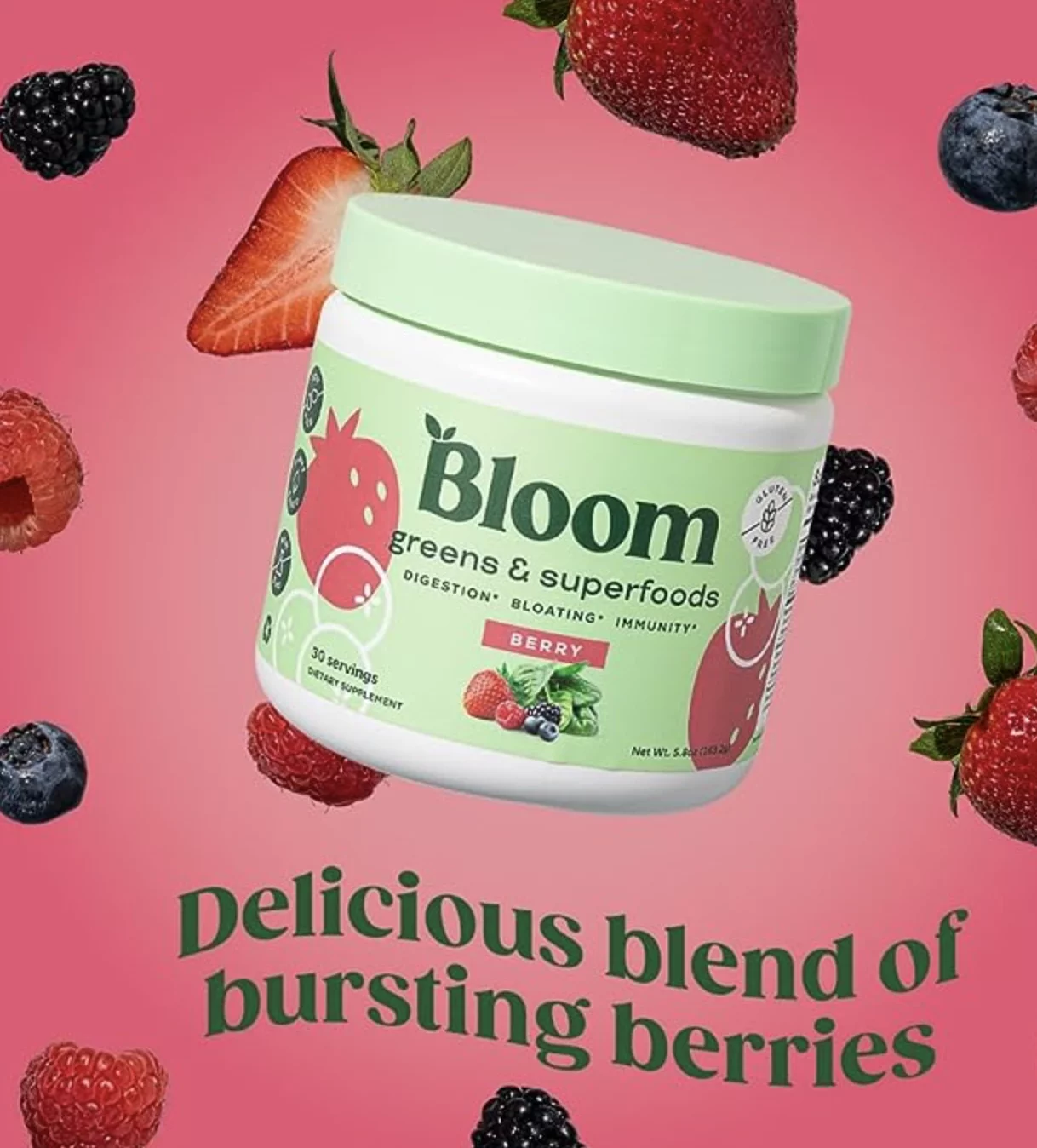 Bloom Nutrition Super Greens Powder Smoothie & Juice Mix - Probiotics for Digestive Health & Bloating Relief for Women, Digestive Enzymes with Superfoods Spirulina & Chlorella for Gut Health (Berry)