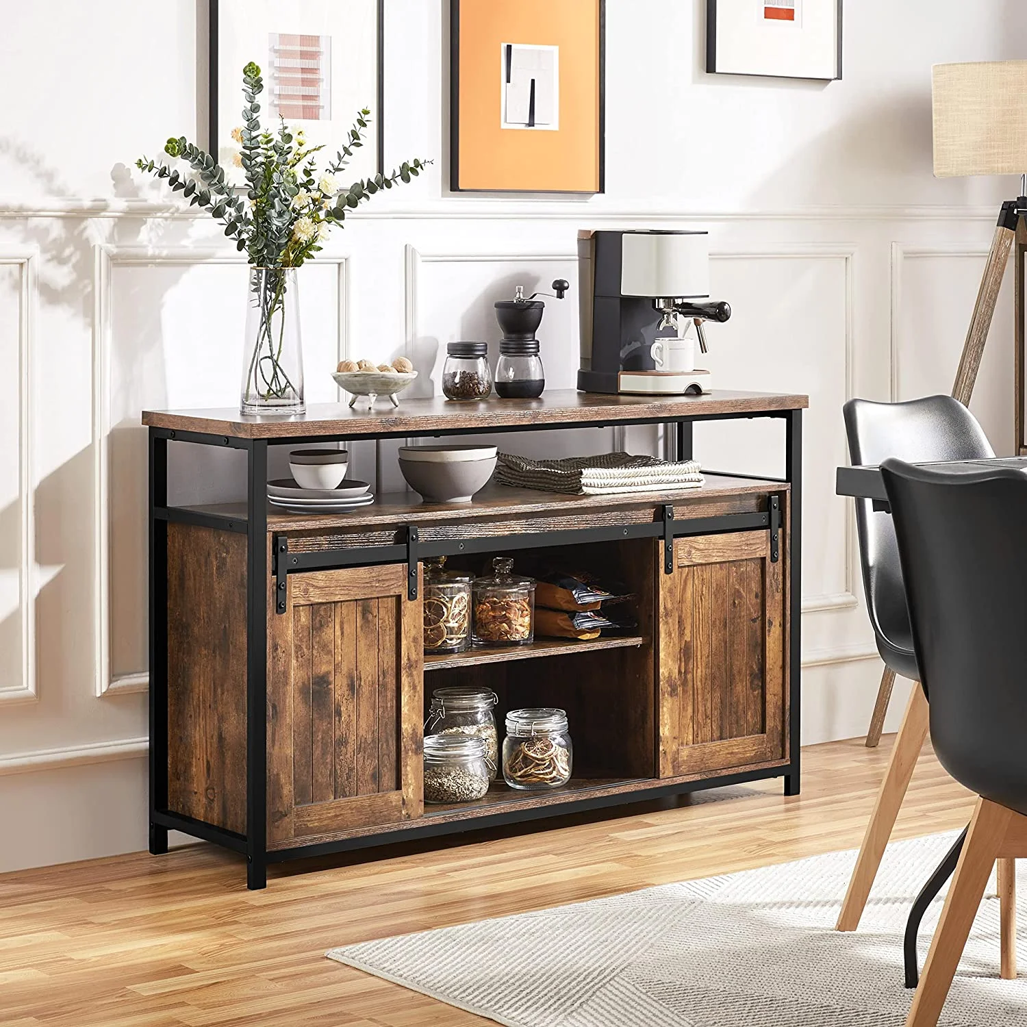 xrboomlife Farmhouse  Cabinet with Sliding Barn Doors and Adjustable Shelves for Kitchen   Organizer Cabinet with Compartments for Small Space