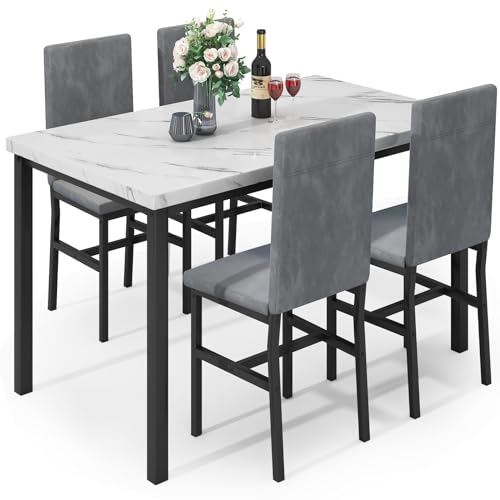 Hooseng Dining Table Set for 4- Space Saving Kitchen Table and Chairs for 4, Modern Style Faux Marble Tabletop & 4 PU Leather Chairs, Perfect for Dining Room,Breakfast Corner Small Spaces,Brown&White
