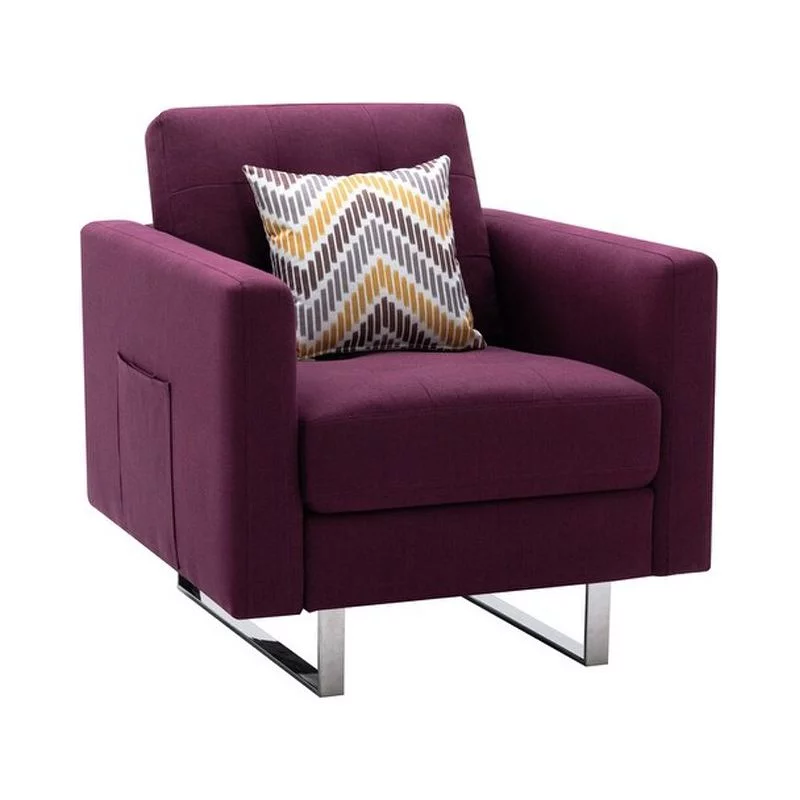 Victoria Linen Fabric Armchair with Metal Legs Side Pockets and Pillow Purple