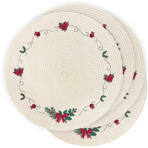 LaneVines Christmas Placemats Set of 4 Round Placemats, Embroidered Holiday Table Placemats Christmas Decorations for Kitchen Dining Table Mats Table Decorations