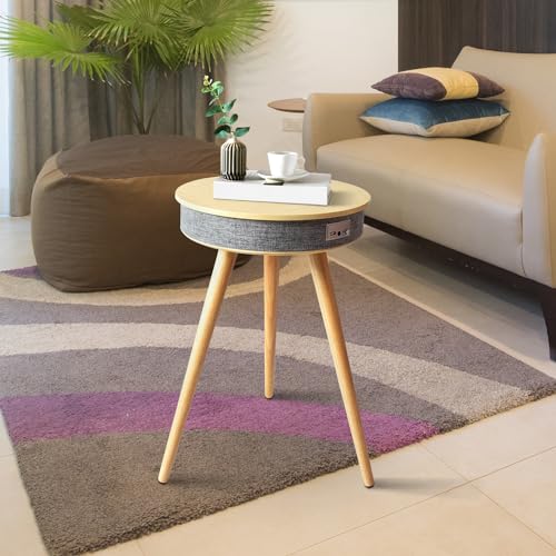 Louis Donné Smart End Table with Charging Station, Speaker Table with Wireless Charger and USB Charging Ports, Smart Nightstand with Bluetooth Speaker, Round Side Table for Living Room (Wood Color)