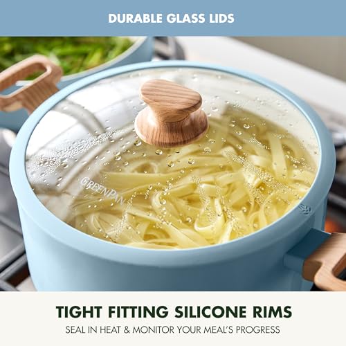 GreenPan Rio Essence Wood 10 Piece Cookware Pots and Pans Set, Healthy Ceramic Nonstick, PFAS PFOA Free Coating, Induction, Silicone Rim Lids, Stay-Cool Wood Print Handles, Dishwasher Safe, Blue