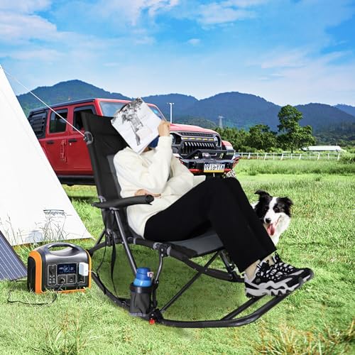 Folding Rocking Camping Chair with Foot Rest Portable Oversized Padded Rocking Chair for Outdoor Camp, Garden, Lawn, Heavy Duty for Adults Supports 400lbs