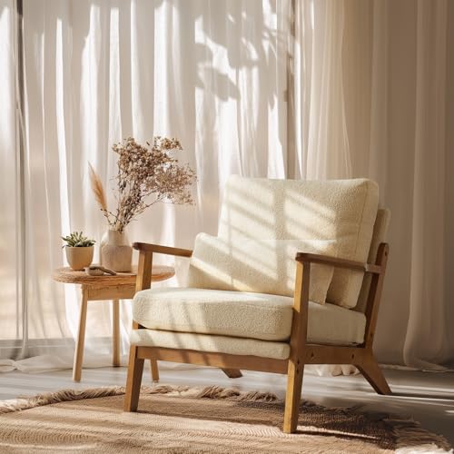 VINGLI Solid Wood Wide Armrests Accent Chair,Upholstered Mid Century Modern Chair with Pillow,Comfy Reading Chair Farmhouse Arm Chair,Chairs Living Room,Bedroom,Guest Room,Linen Fabric,Beige