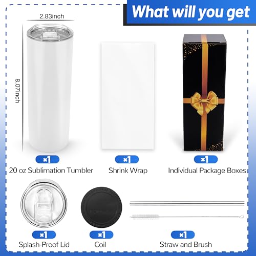 Joyclub Sublimation Tumblers Blanks 20 oz 10 Pack Skinny Straight Tumblers Bulk Stainless Steel Insulated Sublimation Cups with Lid and Straw, Gift Box