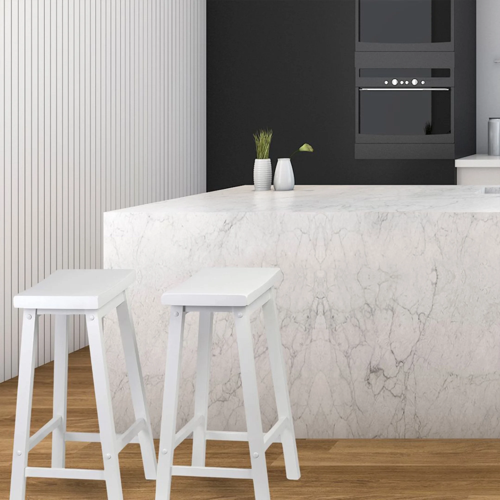 PJ Wood Classic Saddle-Seat 24In Kitchen Counter Stools, White, Set of 2