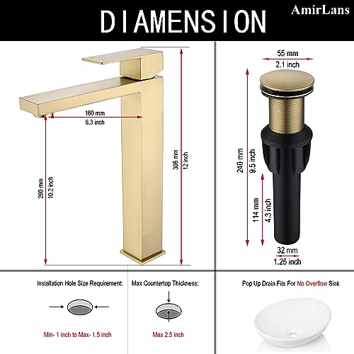 Brushed Gold Vessel Sink Faucet - Tall Single Hole Bathroom Faucet with Pop Up Drain, AML-11411-BG