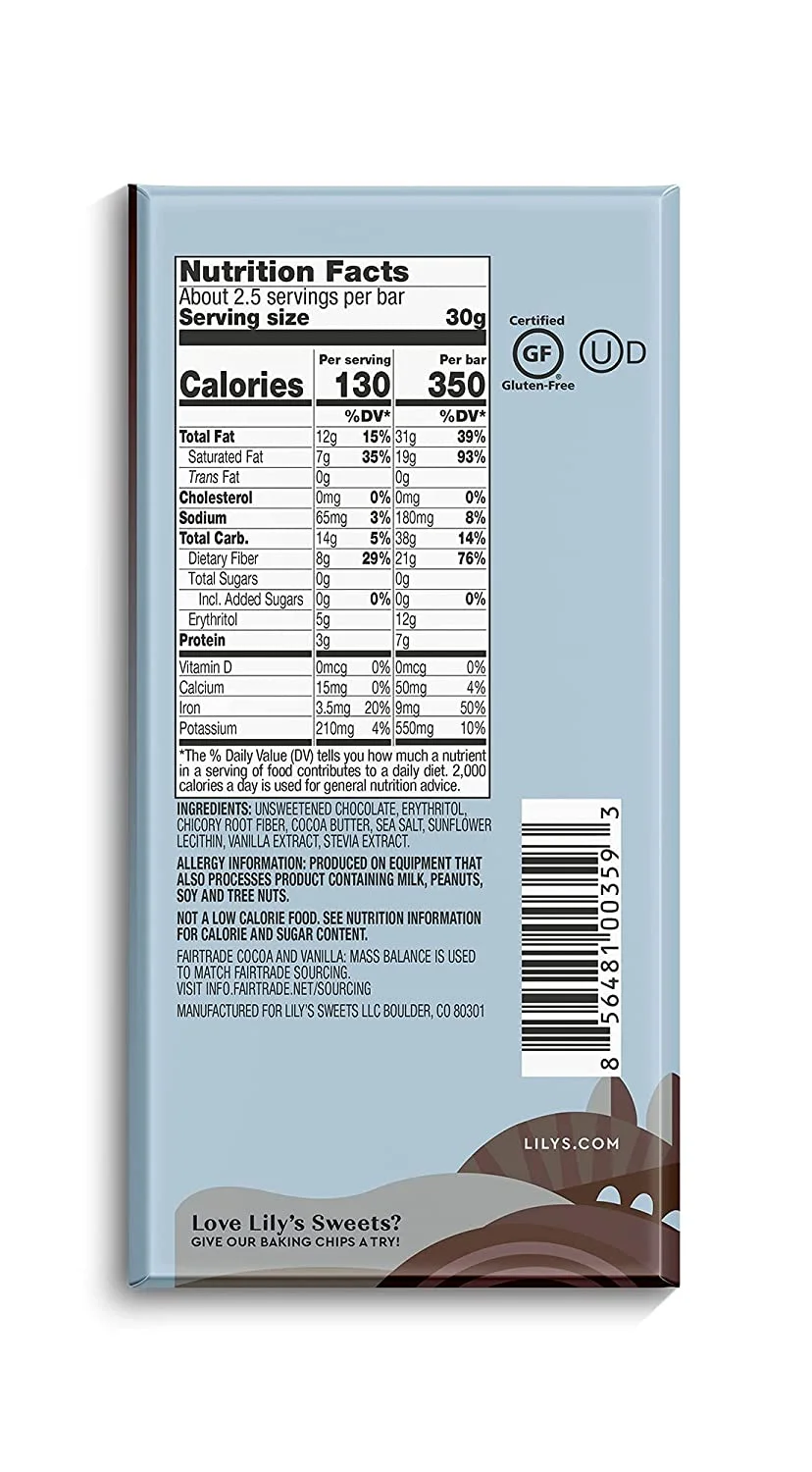 Sea Salt Dark Chocolate Bar by Lily's | Stevia Sweetened, No Added Sugar, Low-Carb, Keto Friendly | 70% Cocoa | Fair Trade, Gluten-Free & Non-GMO | 2.8 ounce, 12-Pack